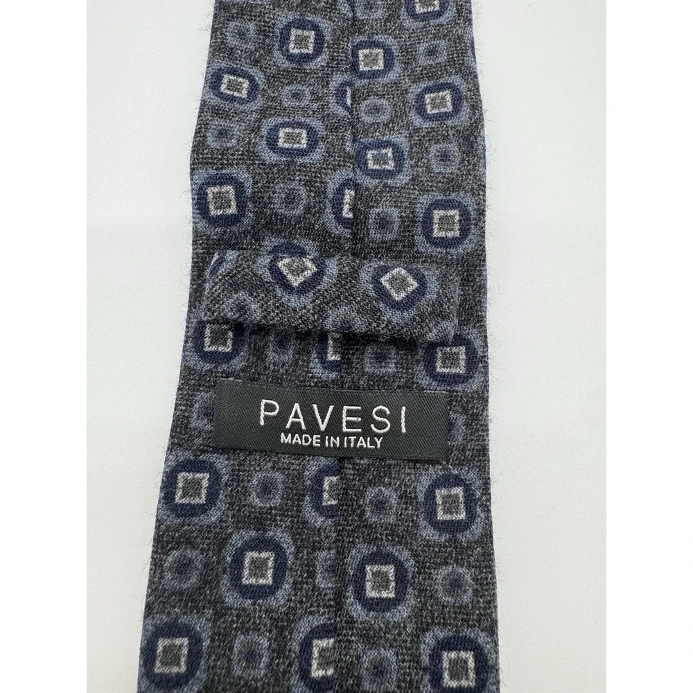 Pavesi Italy Wool Tie Gray Blue Geometric Squares Pattern Textured Necktie
